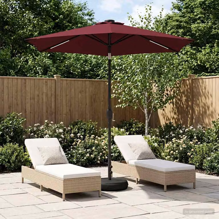 Parasol da giardino con luci LED e base vidaXL, colore rosso, in poliestere, 230 x 230 cm