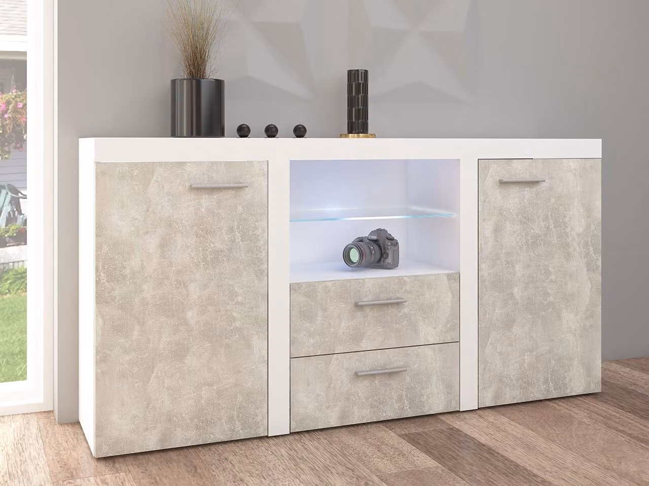 Cassettiera combinata con illuminazione a LED THISE - cemento / bianco