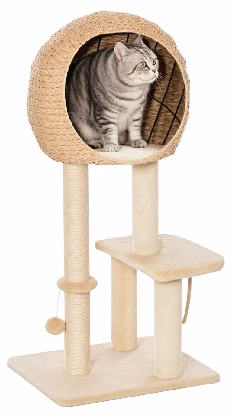 Albero per gatti - Tiragraffi con cuccia - 100 cm - 3 livelli - Sisal e peluche morbido - Beige