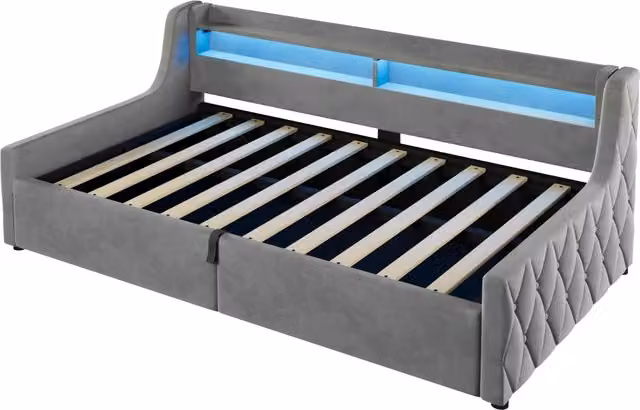 Letto singolo moderno con contenitore idraulico e illuminazione LED multicolore in tessuto grigio, L/P/H: 90 x 200 x 36 cm