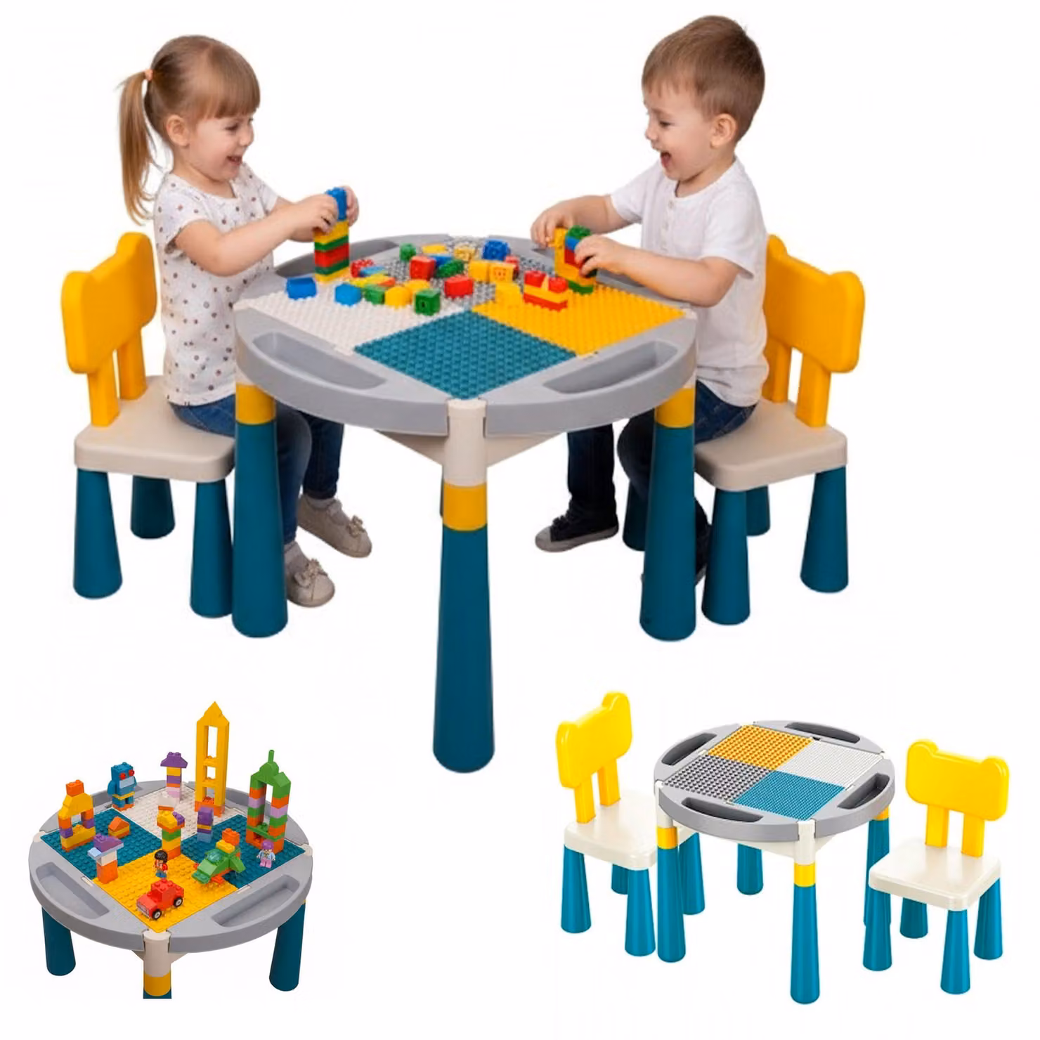 Tavolino multifunzione per bambini, con piano rimovibile per giochi di costruzione, 2 in 1, forma circolare + 2 sedie