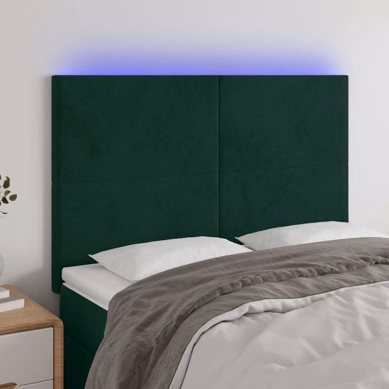 Testiera per letto vidaXL in velluto verde scuro con illuminazione LED e porta di ricarica USB, L: 144 cm, P: 5 cm, H: 118-128 cm