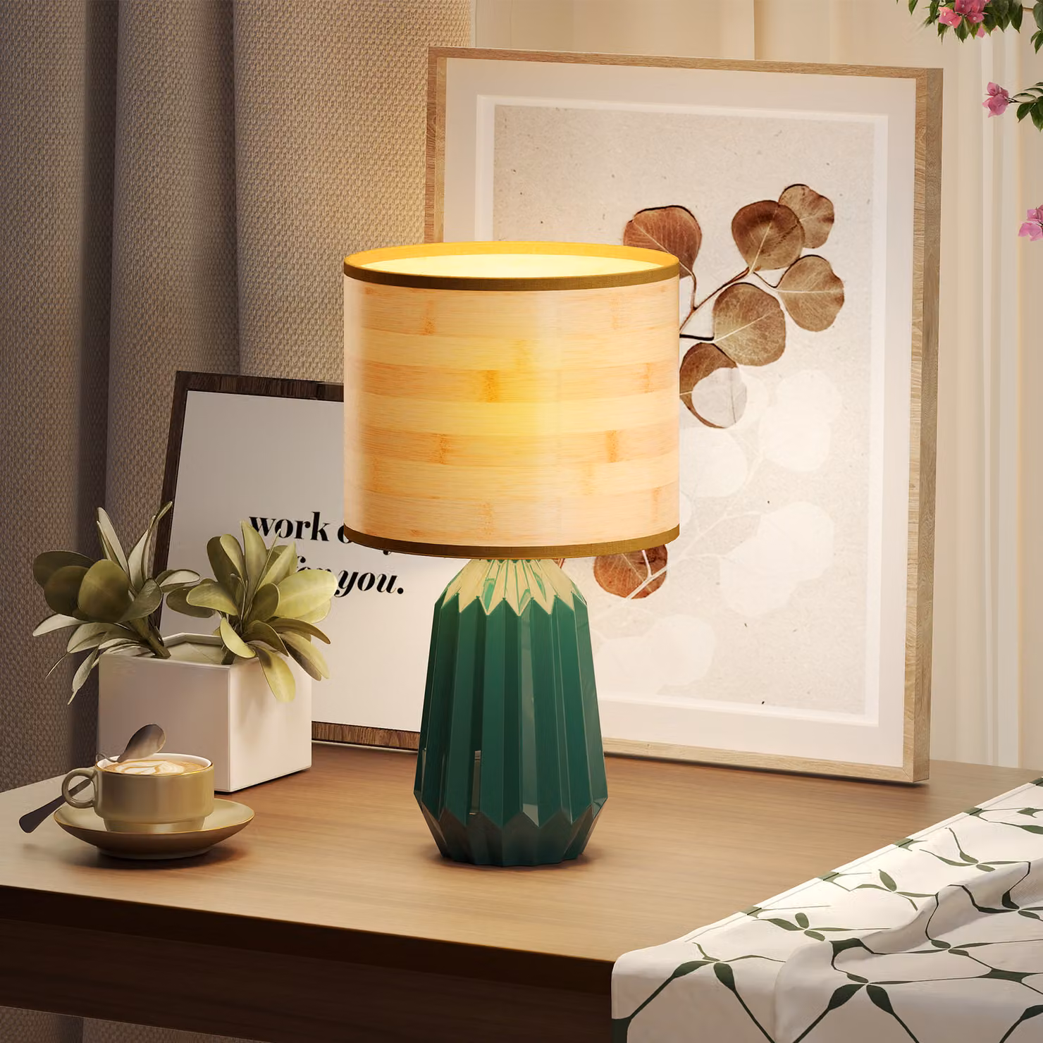 Lampada da Tavolo HOMCOM in Stile Retrò con Base in Ceramica Verde e Paralume in Lino Beige e Dettagli in Legno Naturale – 2