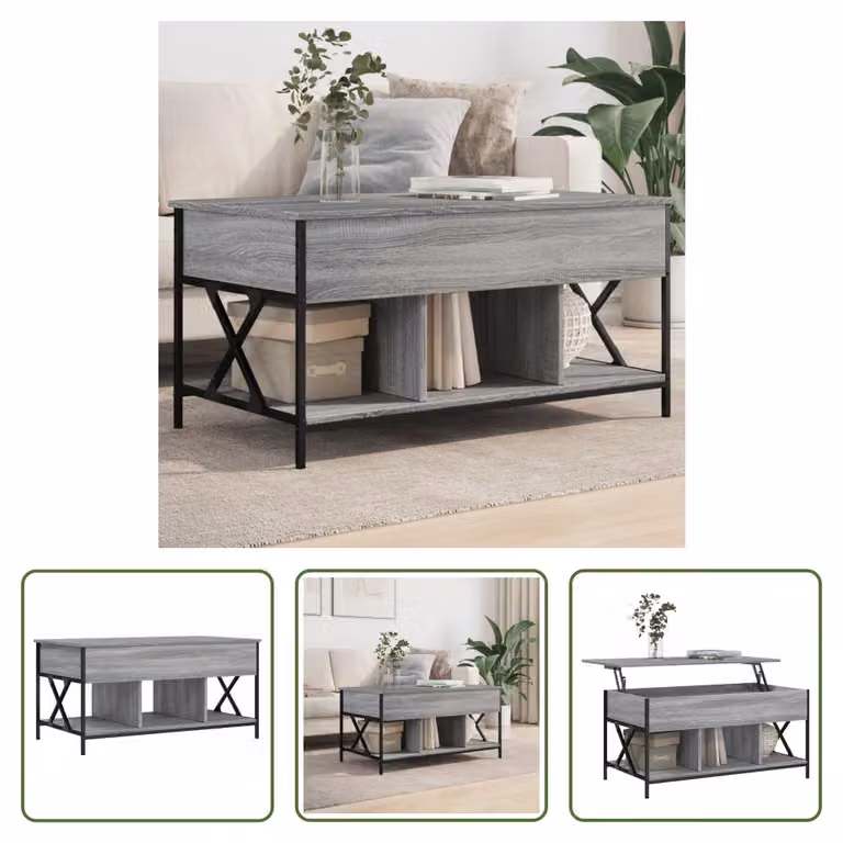 The Living Store Tavolino Grey Sonoma 100x55x50 cm Materiale a base di legno e metallo