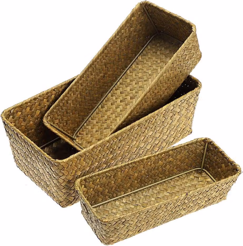 Set di 3 cestini portaoggetti - Cestino da scrivania in seagrass intrecciato - Cestino organizzatore rettangolare - Cestino decorativo per scaffali e scrivanie - Cestino regalo per lettini, cancelleria, giocattoli, cosmetici, libri (colore naturale)