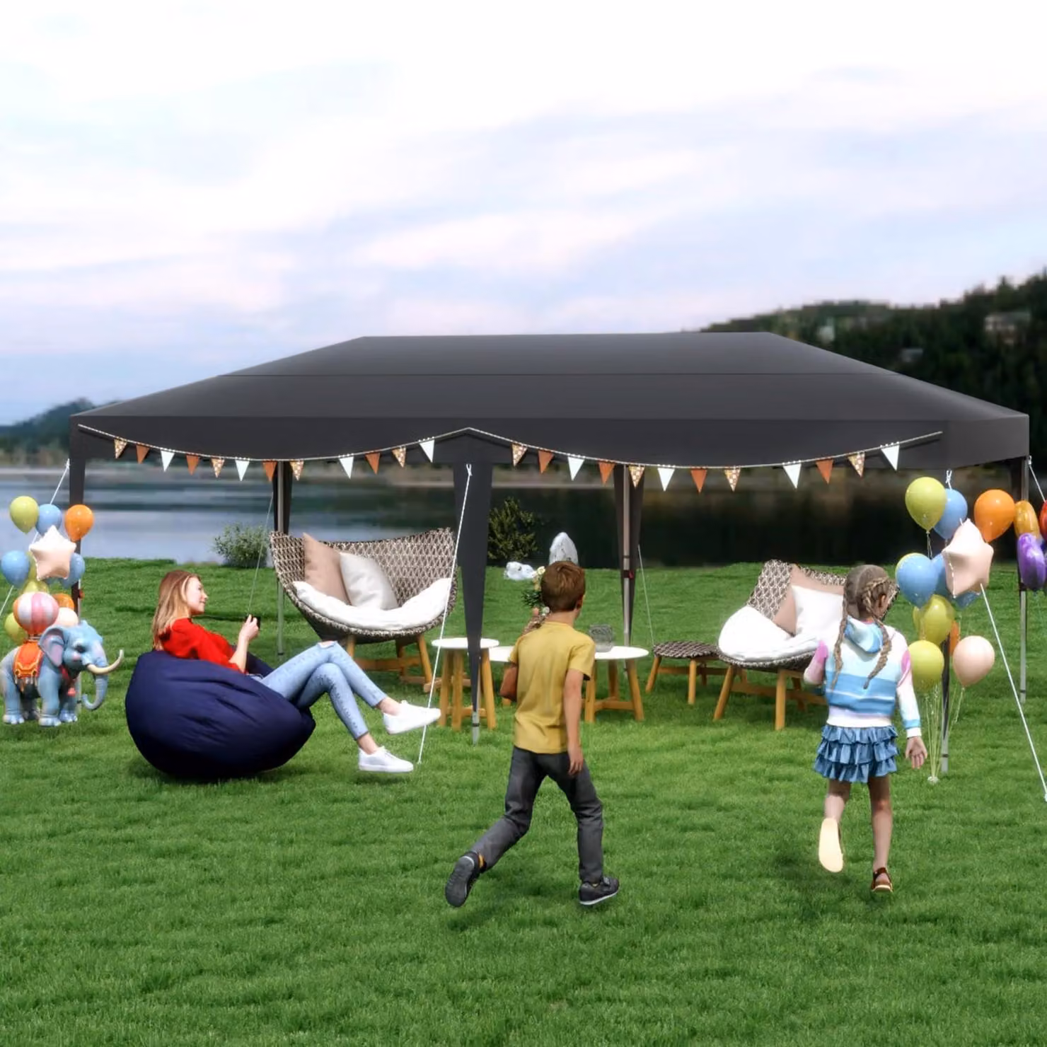 Gazebo da esterno 3x6 metri, impermeabile, con protezione solare, stabile, con tetto in tessuto Oxford nero