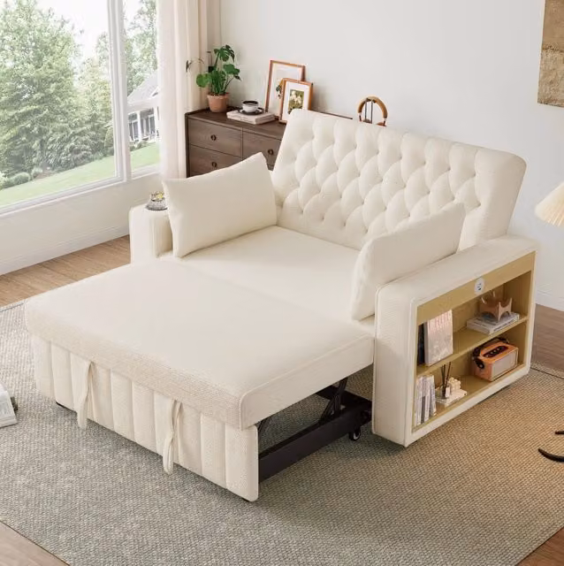 Divano letto 2 posti con schienale regolabile; USB e portabicchieri; ciniglia beige