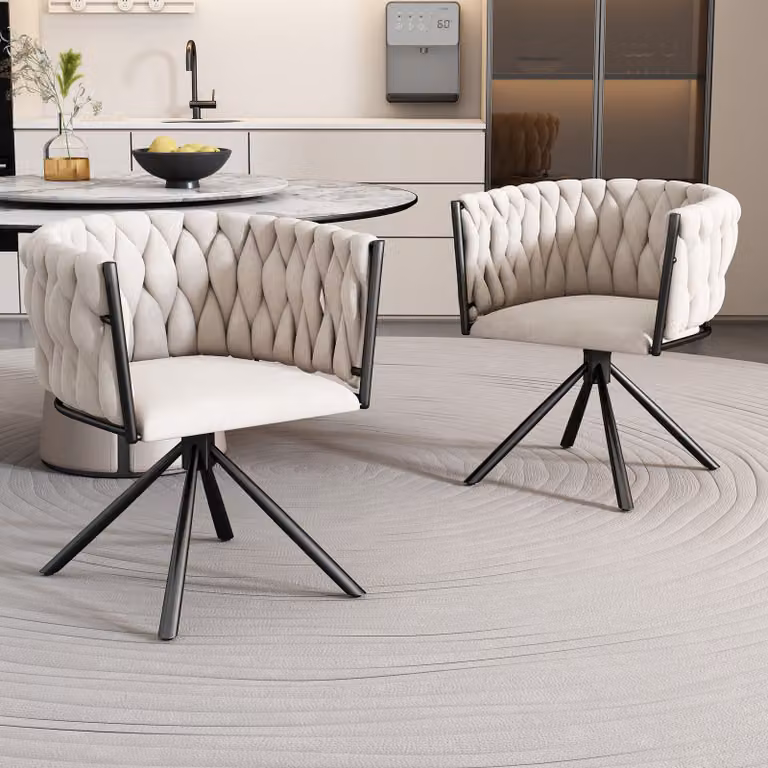 MODFU - Sedia da pranzo imbottita (set da 2), girevole a 360°, poltrona per soggiorno con braccioli e gambe in acciaio, sedia da cucina, sedia da trucco, in velluto, color beige