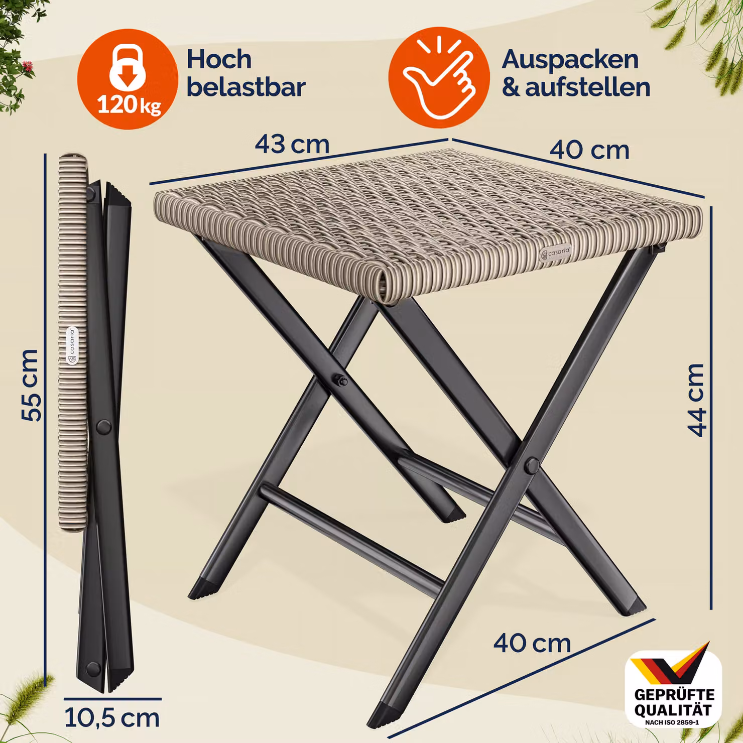Sgabello pieghevole 3in1 Roma Casaria in polyrattan nero per giardino e terrazzo L/P/H: 44 x 40 x 44 cm – 3
