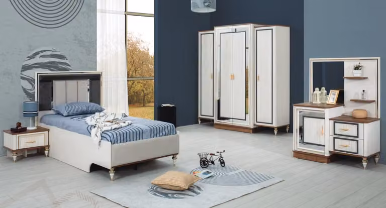 Garnitur Kinderzimmer Bett Kinderbett Kindermöbel Weiß Holz Set 5tlg