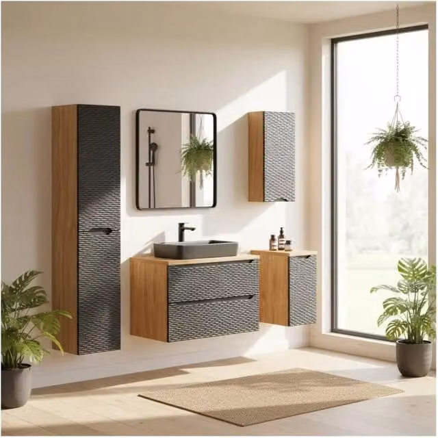 Set da bagno YOKA nero: mobile sotto lavabo + piano per lavabo + lavabo da appoggio + 2 mobili e 1 colonna di rangemento