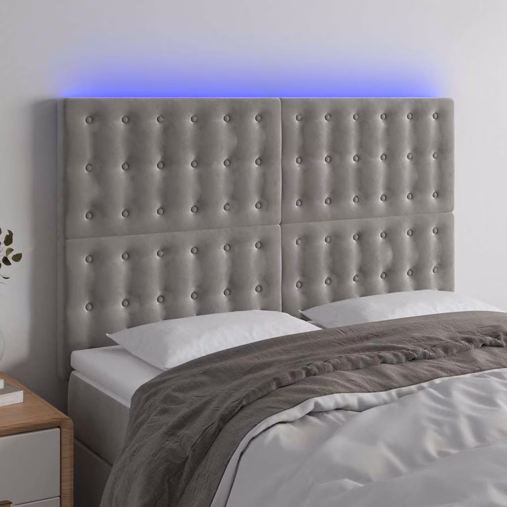 Testiera per letto vidaXL in velluto grigio con illuminazione LED e porta di ricarica USB, L 144 cm, H 118-128 cm, P 5 cm