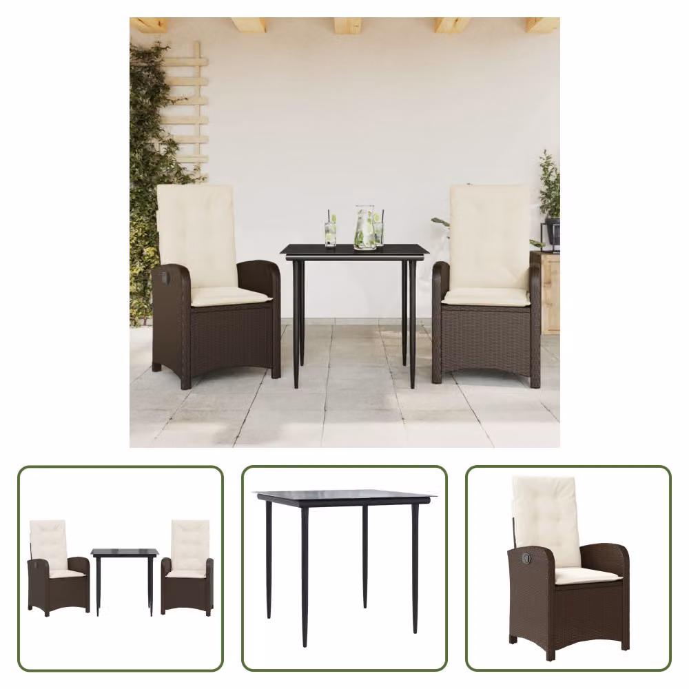 The Living Store Set da pranzo da giardino in 3 pezzi con cuscini in poly rattan marrone