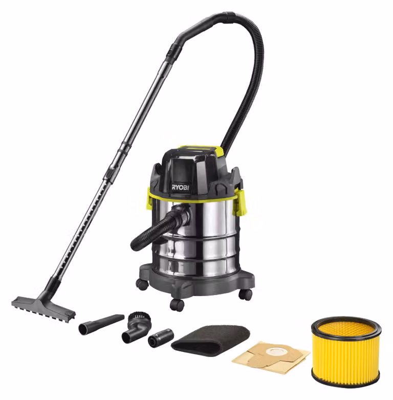 RYOBI - 18V ONE+ wet and dry vacuum cleaner - 18 L stainless steel tank - 11.4 kPa + 1.8 m hose & accessories - R18WDV-0