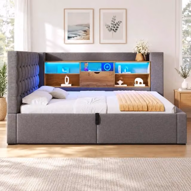 Letto contenitore Mivray con LED e porte USB, testiera a L reversibile in lino grigio e rete a doghe, L/P: 90 x 190 cm