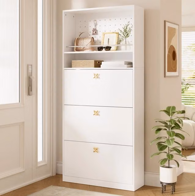 Scarpiera ULEVR 80x24x178,5 cm con 3 vani a ribalta, ripiani aperti e pannello forato, bianca