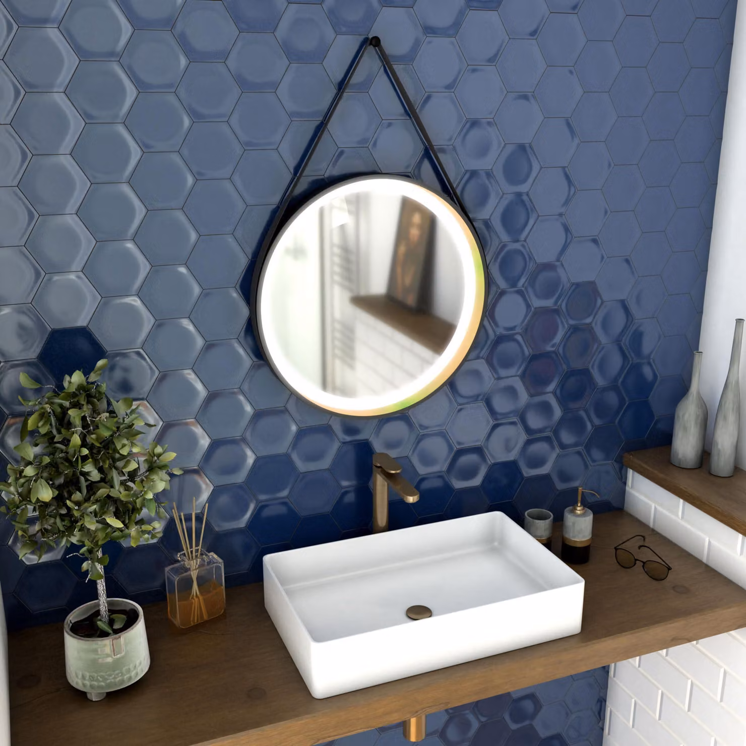 Specchio da bagno LED rotondo, diametro 55 cm, finitura nera opaca, dettagli bronzati
