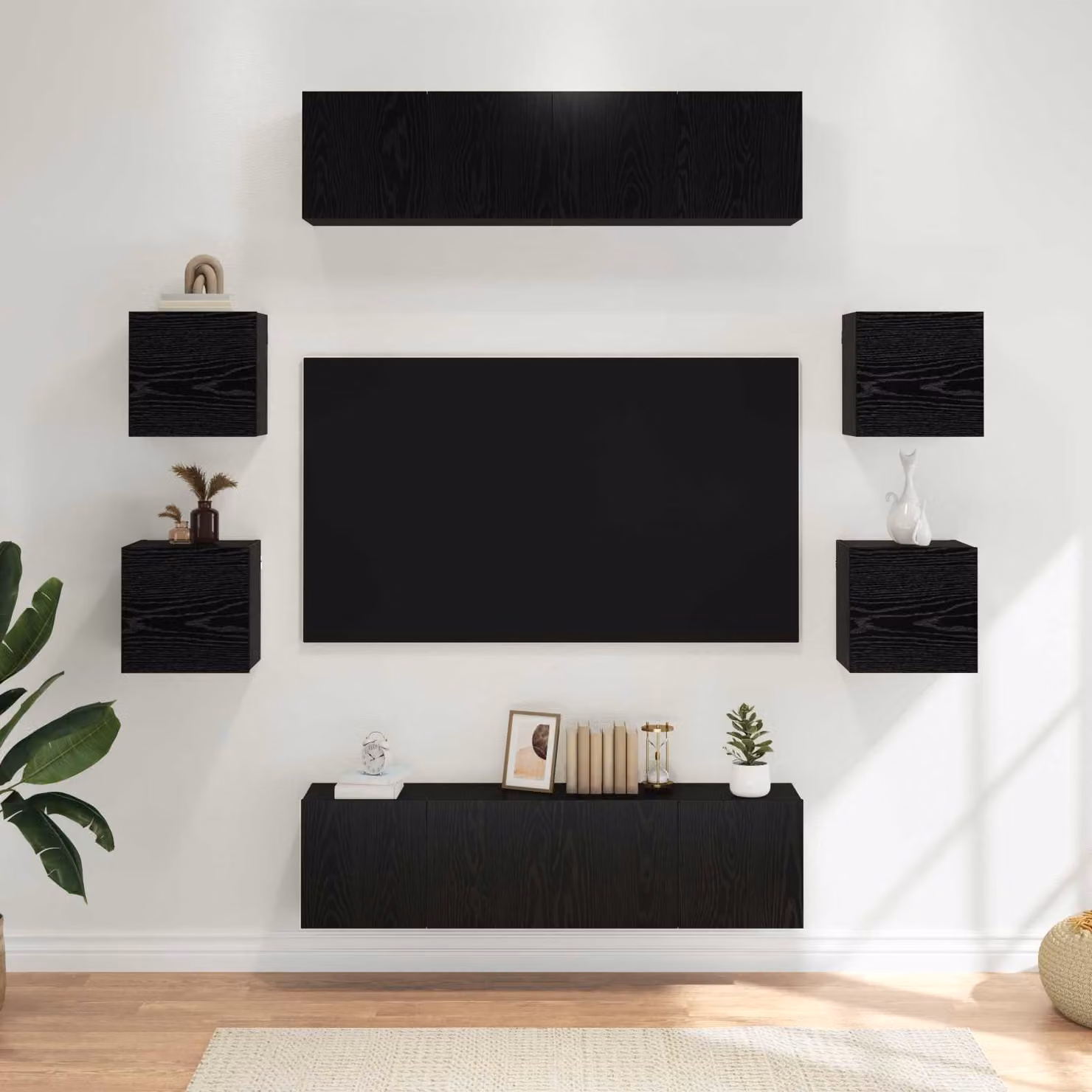 Set mobile TV moderno vidaXL da 8 pezzi in legno ingegnerizzato Rovere e Nero per il tuo soggiorno L: 120 cm, P: 30 cm, H: 36,97 cm