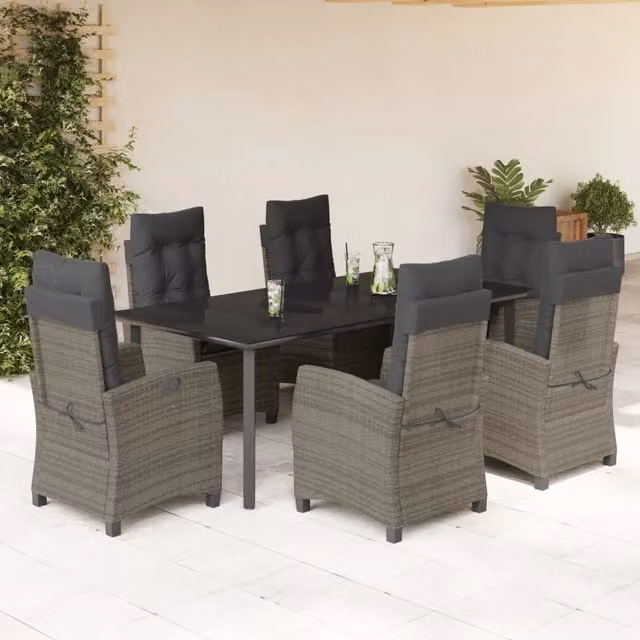 Set da pranzo da giardino vidaXL in polyrattan grigio e nero con tavolo in vetro e 7 pezzi