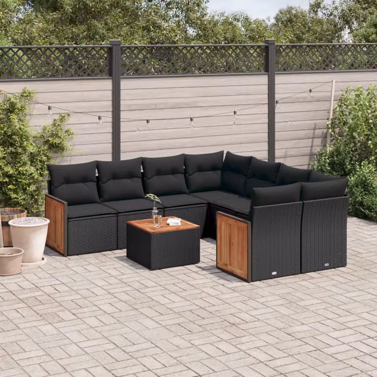 Set di divani da giardino vidaXL in polyrattan nero con cuscini, tavolino e sedute a L per esterno