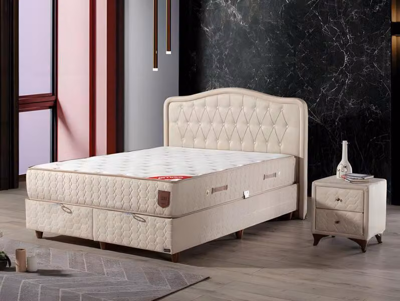 Modernes Bettgestell mit elegantem, gepolstertem Kopfteil für höchsten Komfort