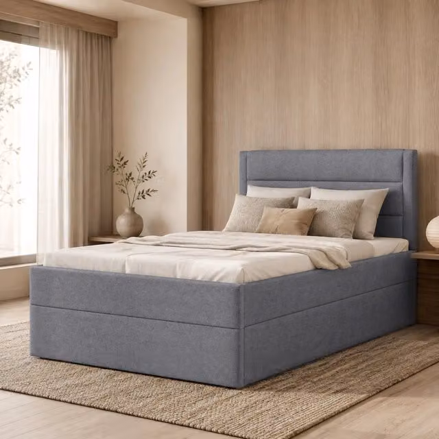 Letto singolo imbottito con contenitore MODFU in tessuto e MDF grigio L/P/H: 90 x 200 cm