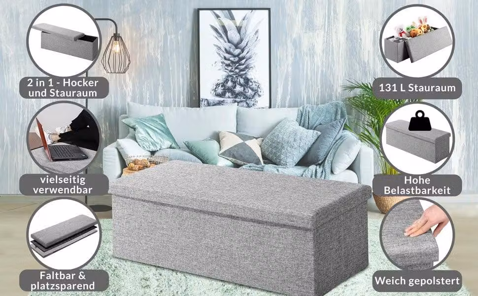 Panca contenitore pieghevole grigia, 115 cm, MDF, rivestimento in PU