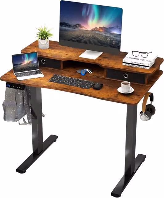 Scrivania Regolabile in Altezza con Motore Elettrico COSTWAY, Tavolo da Lavoro Moderno in MDF e Metallo per Ufficio e Casa, L: 122 cm, P: 60 cm, H: 76-112 cm (Marrone) – 1