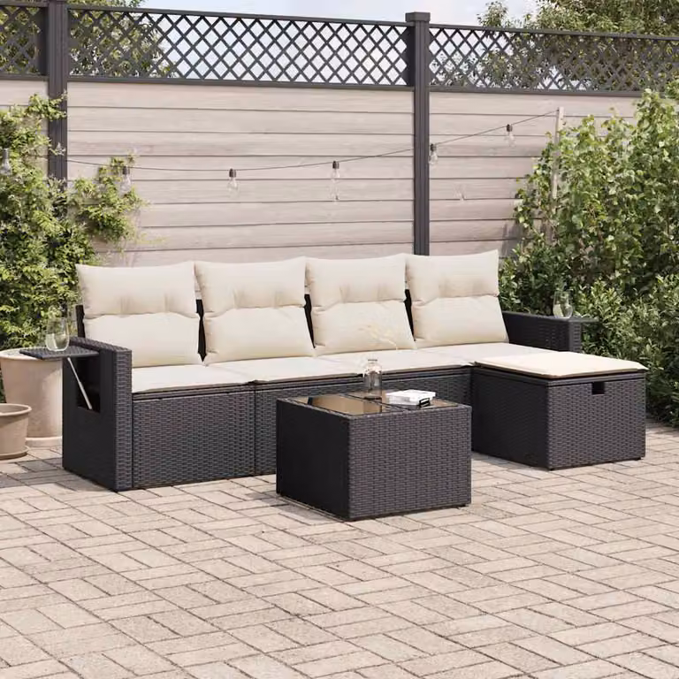 Set Divano da Giardino vidaXL 6 pz in Polyrattan Nero con Cuscini e Tavolino da Esterno