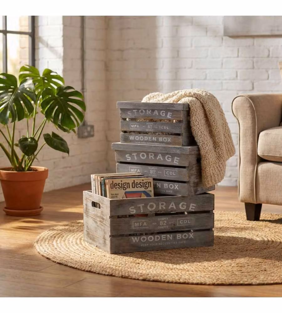 Cosma Set di 3 Cassette Adelita in Legno Grigio Shabby Chic Rettangolari