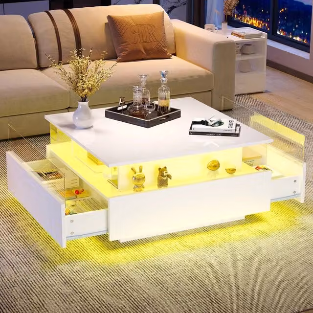 Tavolino da caffè MINIMAL con illuminazione LED, piano trasparente e 2 cassetti, bianco lucido, L 70 cm x P 70 cm x H 41 cm