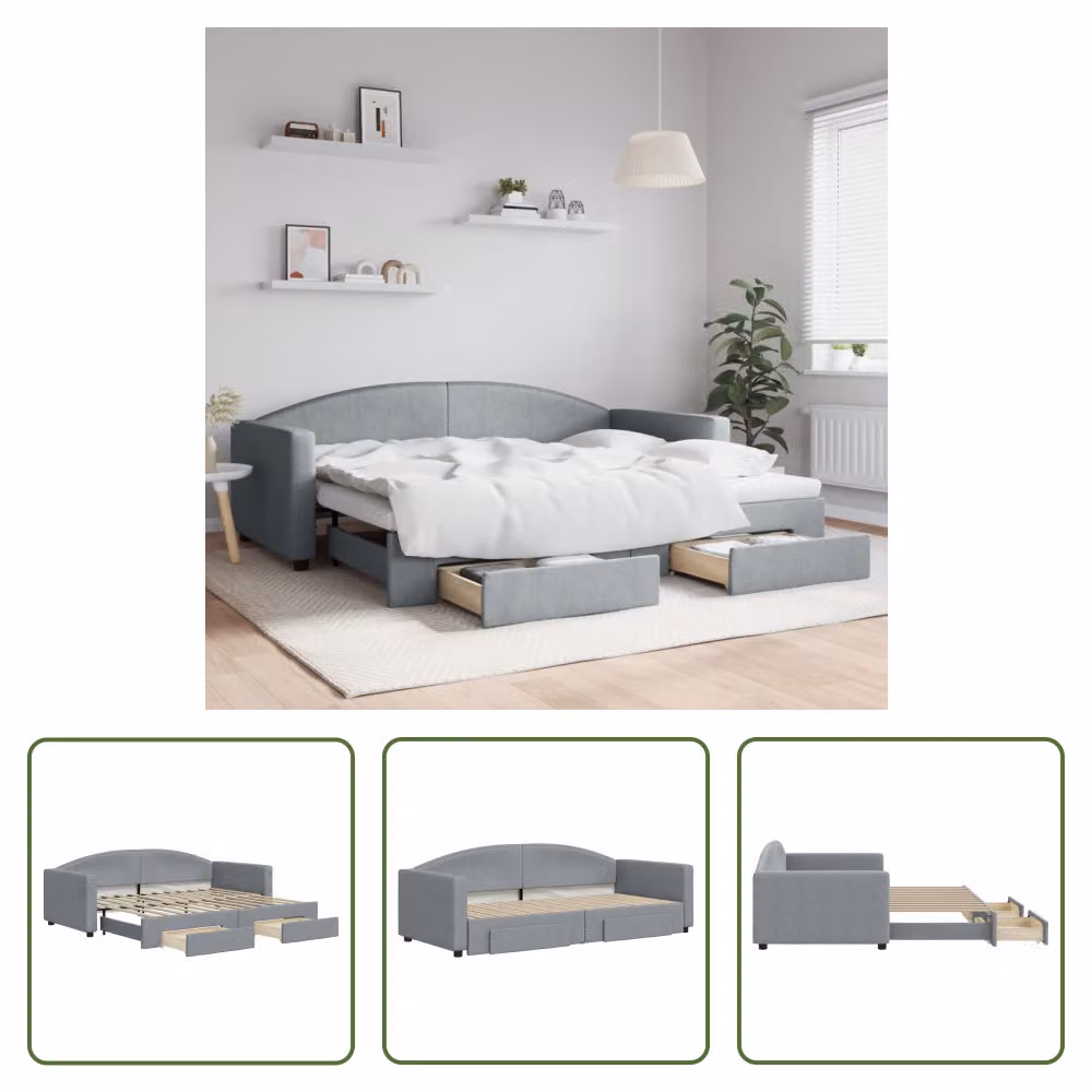 The Living Store Letto da giorno allungabile con cassetti grigio chiaro 90x200 cm tessuto