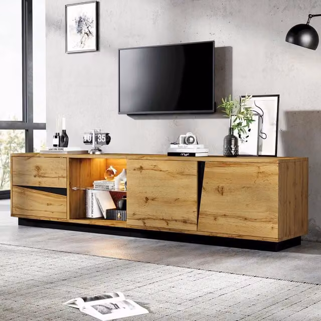 Mobile TV 180x35x45 cm in MDF nero e legno, con illuminazione LED, 2 cassetti, 2 ante, ripiano in vetro, vano aperto e passaggio cavi