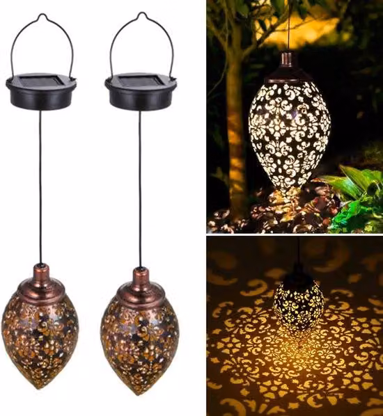 Set di 2 lanterne asiatiche sospese - Illuminazione da giardino a energia solare - Illuminazione da esterno a LED con sensore giorno/notte - Lanterna da giardino - Bronzo - Metallo