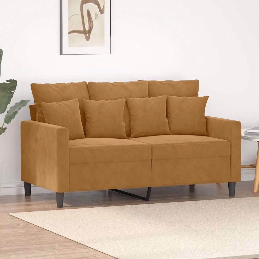Divano a 2 posti moderno vidaXL in velluto marrone con struttura in metallo e cuscini inclusi L: 138 cm, P: 80 cm, H: 77 cm