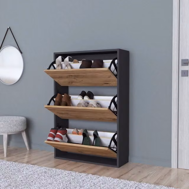 Scarpiera Salvaspazio Slim en.casa con 3 Contenitori Ribaltabili per Ingresso, Capienza 18 Paia, L: 110 cm, H: 73,5 cm, P: 24 cm - Antracite / Effetto Rovere
