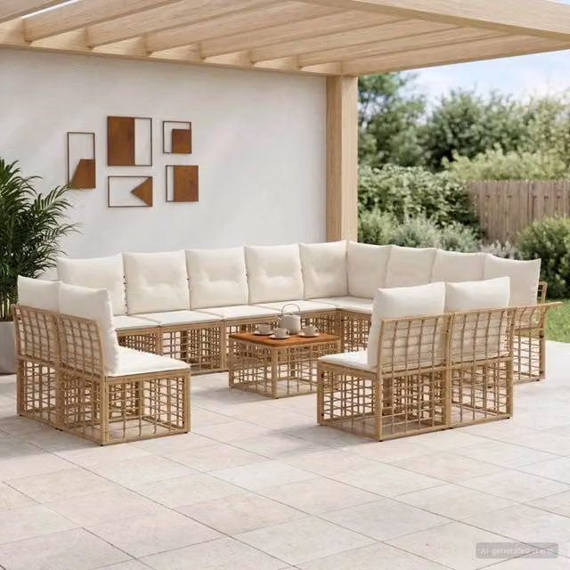 Set di divani da esterno 13 pz 12-Posti Naturale e Bianco Crema 3437796