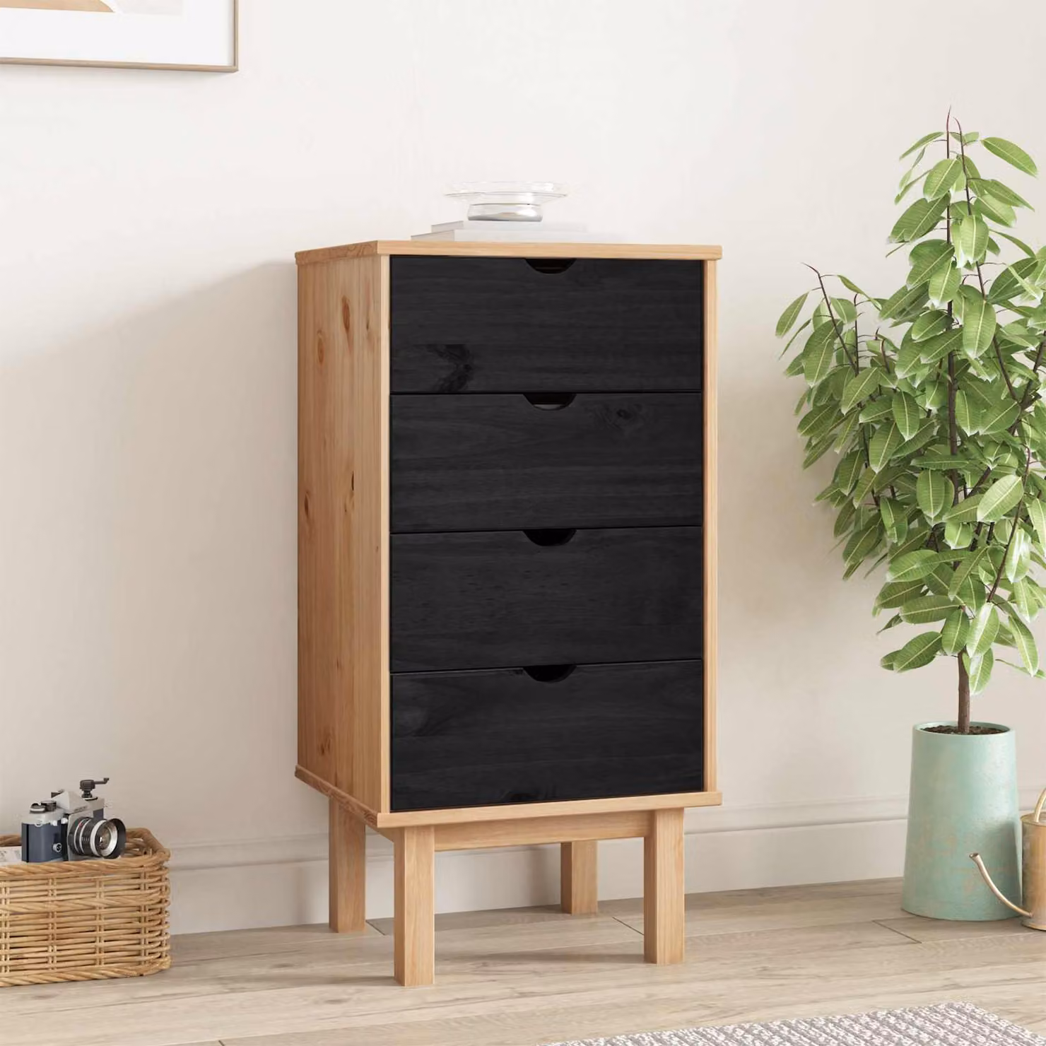 Cassettiera vidaXL OTTA in legno massello di pino, colore nero, L: 45 cm, P: 39 cm, H: 90 cm