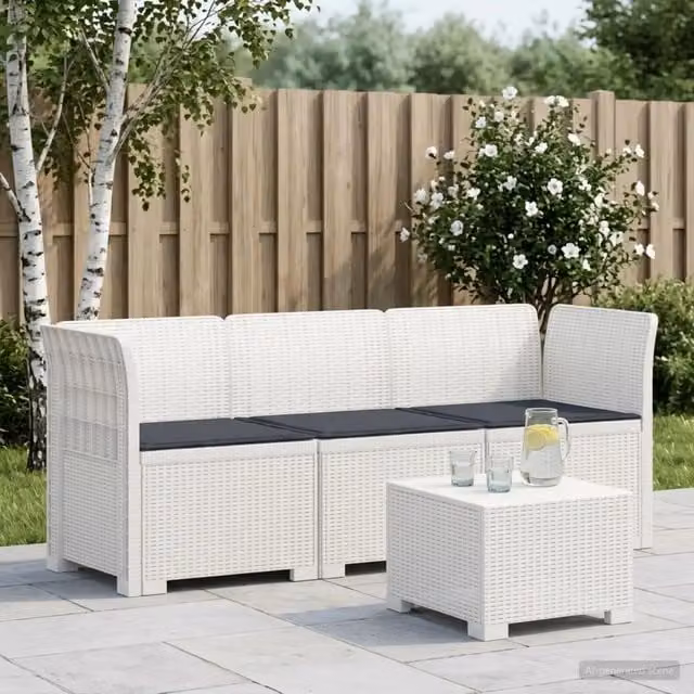 Divano da giardino a 3 posti moderno in look rattan bianco con cuscini grigi resistenti alle intemperie L: 179 cm, P: 70 cm, H: 55 cm – 1