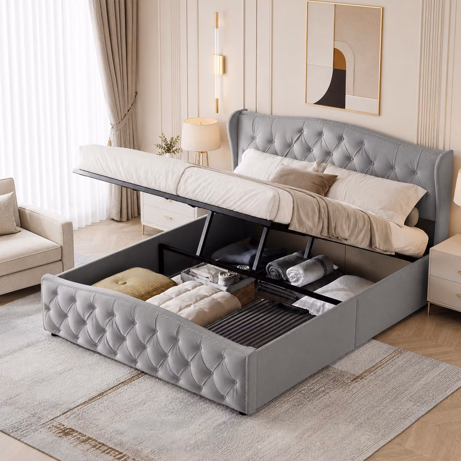 Letto imbottito INONEFT, 140x190 cm, con struttura a molle, contenitore, sistema di sollevamento idraulico, letto per ragazzi, letto matrimoniale con rete a doghe, colore grigio