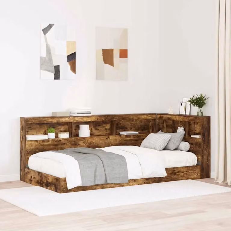 Testata del letto con contenitore vidaXL in legno Rovere fumé e metallo, con ripiano integrato e porta di ricarica USB, L/P/H: 207.5 x 107.5 x 76.5 cm