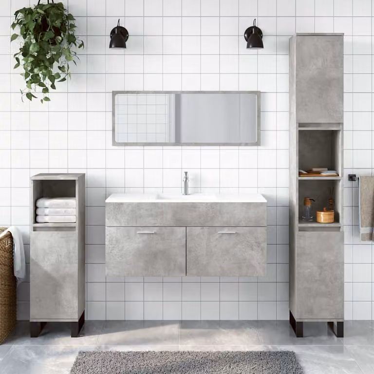 Mobile da bagno con specchio vidaXL in stile minimalista, colore grigio cemento e legno, montaggio a parete