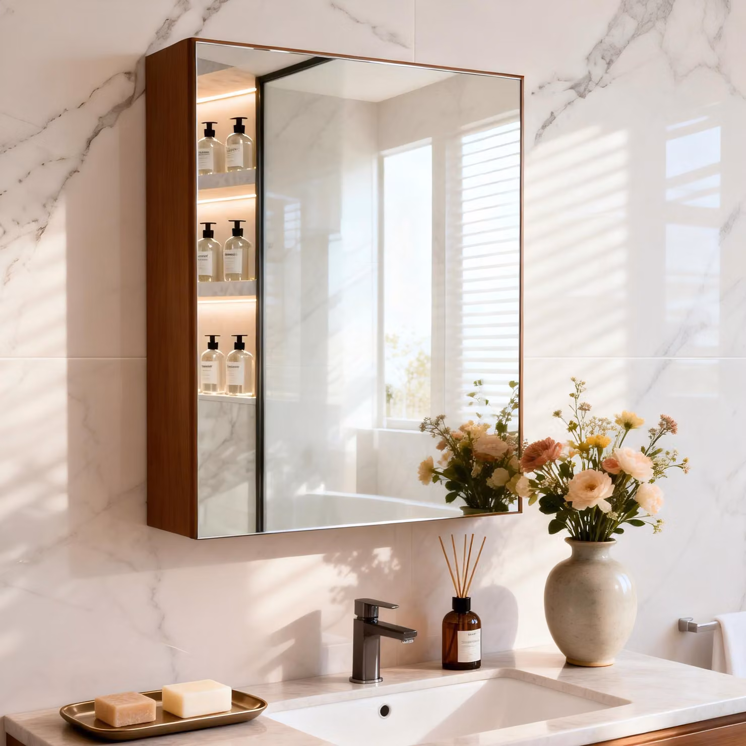 Mobiletto da bagno WISFOR con specchio, 50 x 66 cm, armadietto per medicinali da montare a parete, illuminazione interna a LED, ripiani in vetro regolabili per il bagno