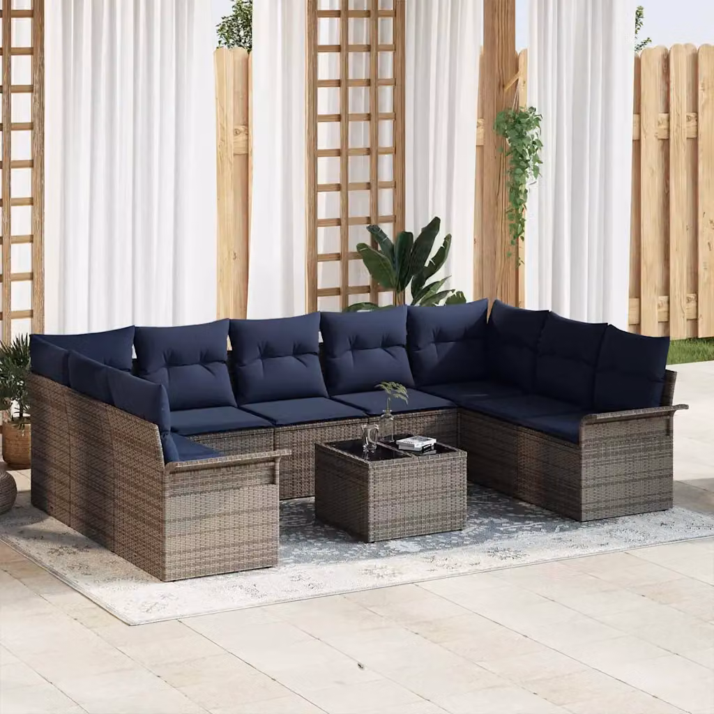 Set Divano da Giardino Moderno vidaXL 10 Pezzi in Polyrattan Grigio e Blu