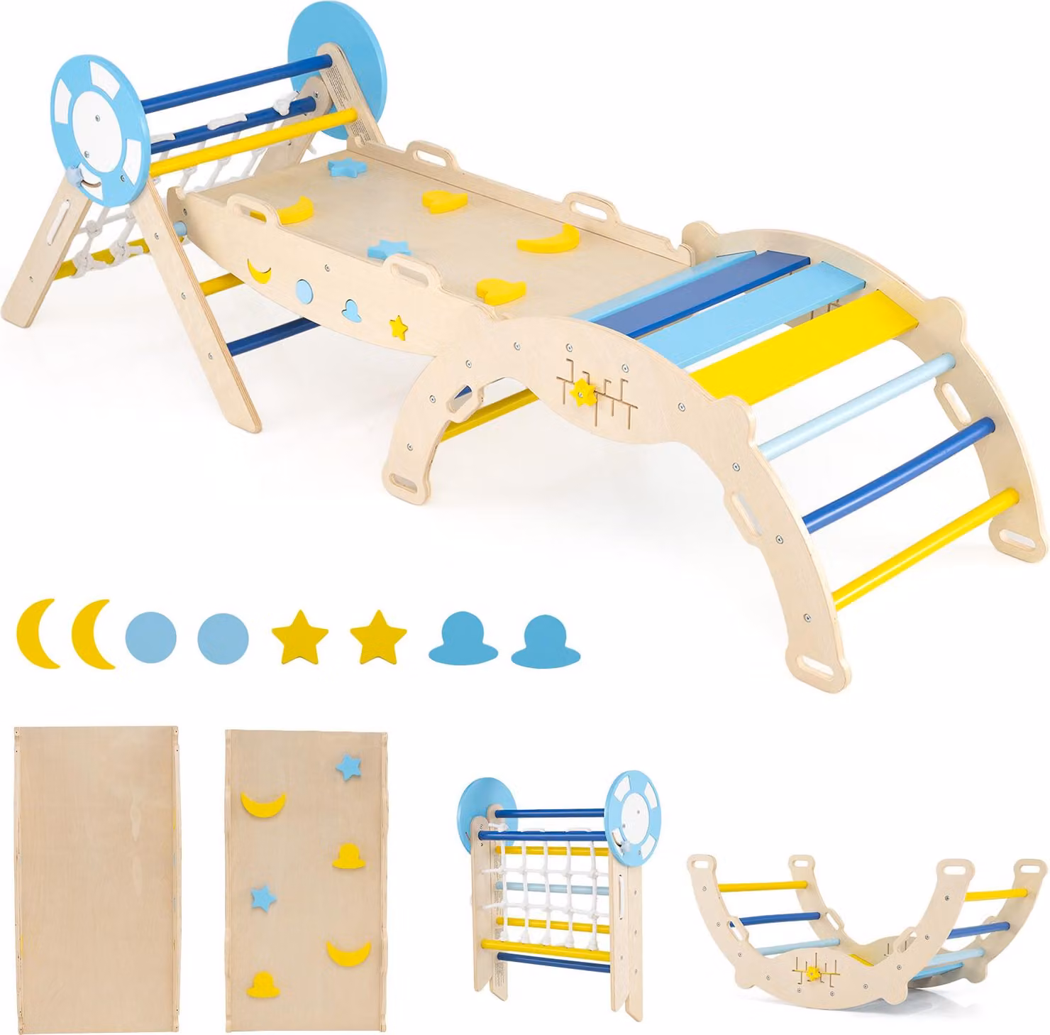 COSTWAY Set di 3 strutture per arrampicata da interno, triangolo pieghevole con scivolo, arco per arrampicata, rampa doppia e set di mattoncini, per bambini dai 1+ anni