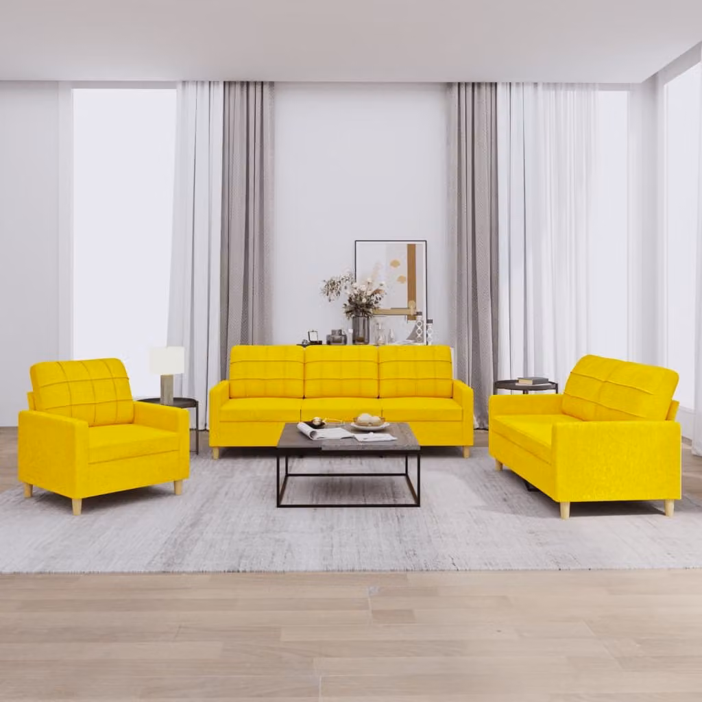 Set di Divani 3 pz con Cuscini Giallo Chiaro in Tessuto