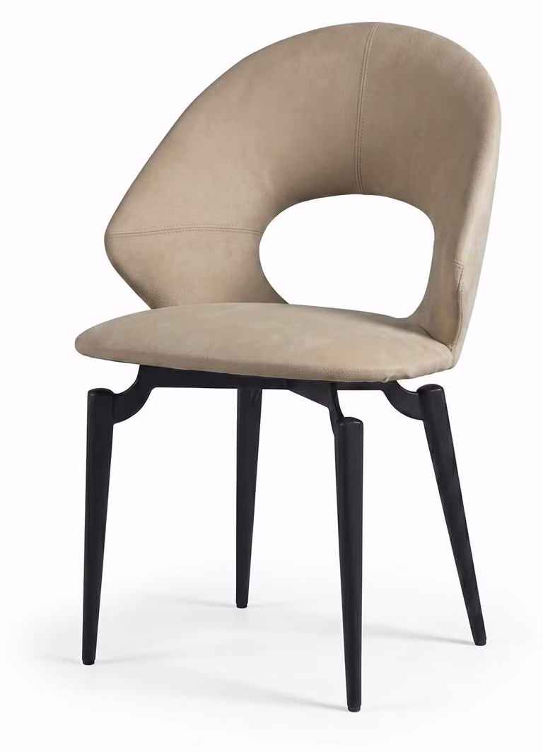 Sedia da pranzo moderna, design contemporaneo, color beige, ecopelle, forma ovale, schienale forato