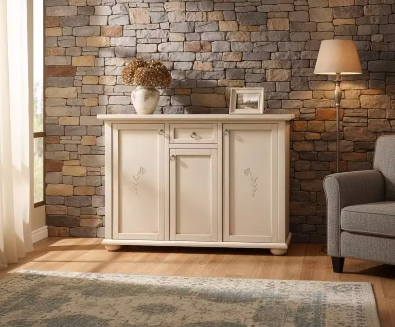Madia credenza Mobili 2G con 3 porte e 1 cassetto decorazione floreale avorio bianco L/P/H: 120 x 40 x 88 cm