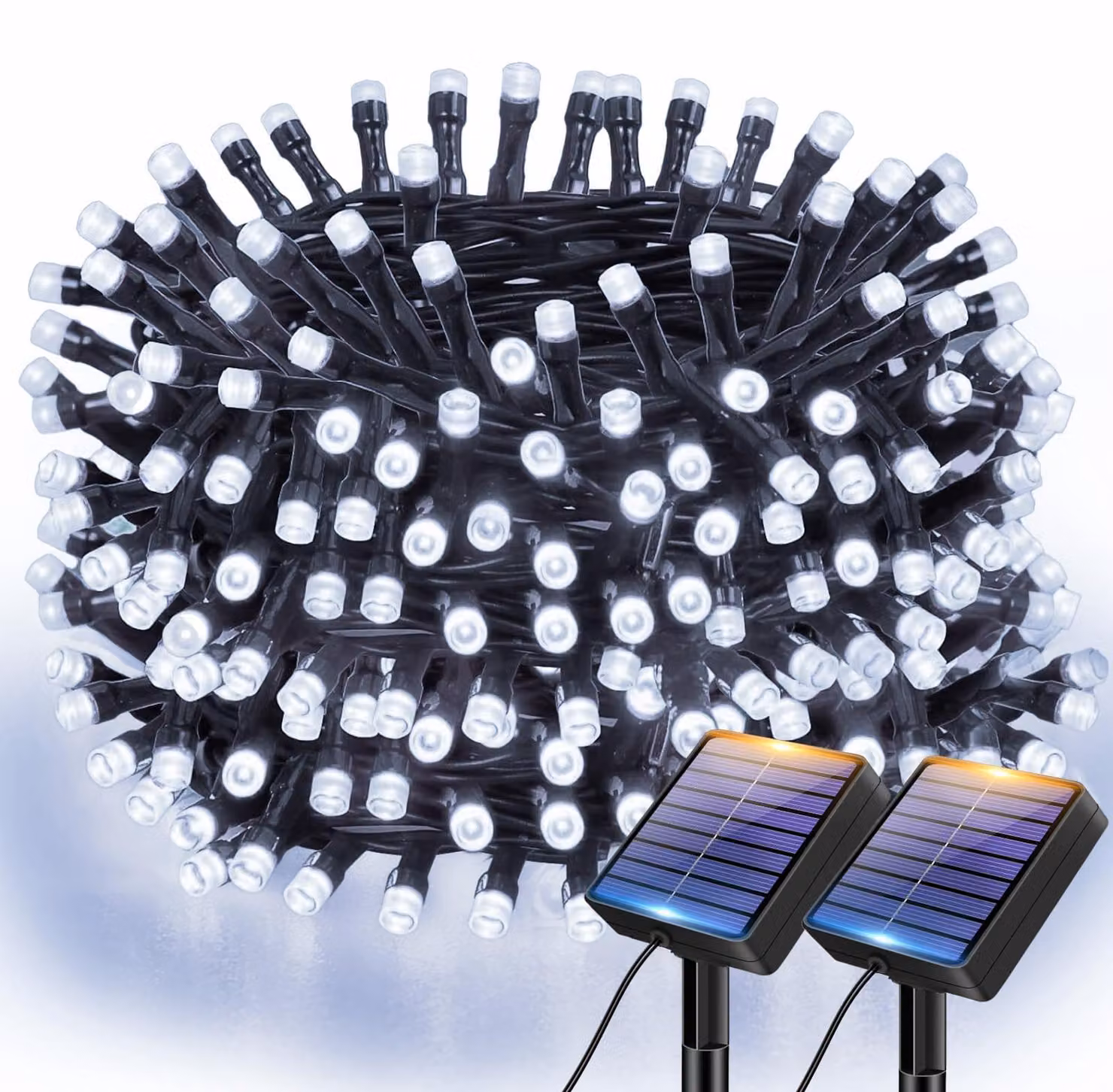 Catena luminosa solare, 6 metri, 60 LED, grado di protezione IP65, luce bianca fredda, confezione da 2 pezzi