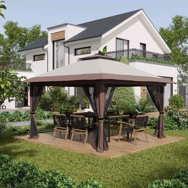 Gazebo pieghevole da giardino 392x392x283 cm in poliestere beige, doppio tetto UV50+